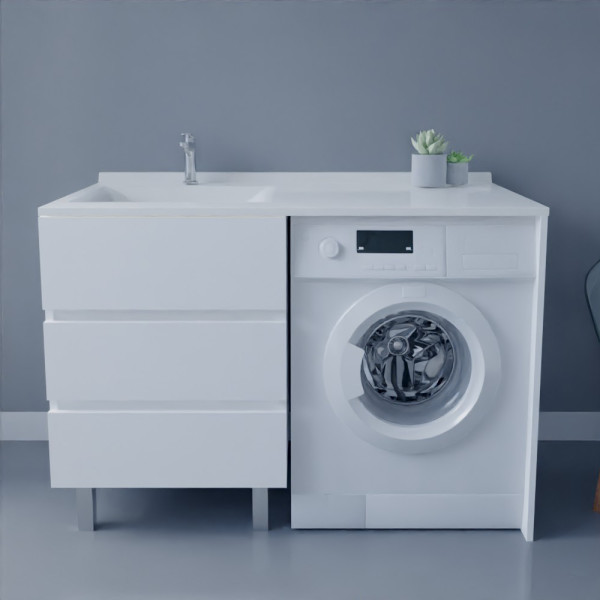 Meuble lave-linge KORA 124 cm vasque déportée à gauche - Blanc brillant 