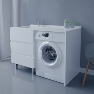 Meuble lave-linge KORA 124 cm vasque déportée à gauche - Blanc brillant 