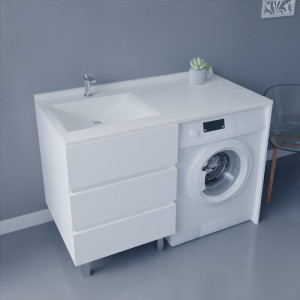 Meuble lave-linge KORA 124 cm vasque déportée à gauche - Blanc brillant 