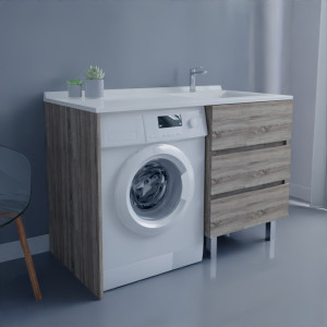 Meuble lave-linge KORA 124 cm vasque déportée à droite - Coloris bois
