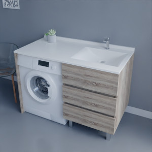 Meuble lave-linge KORA 124 cm vasque déportée à droite - Coloris bois