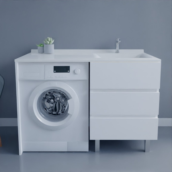 Meuble lave-linge KORA 124 cm vasque déportée à droite - Blanc brillant 