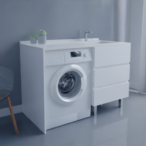 Meuble lave-linge KORA 124 cm vasque déportée à droite - Blanc brillant 