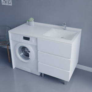 Meuble lave-linge KORA 124 cm vasque déportée à droite - Blanc brillant 