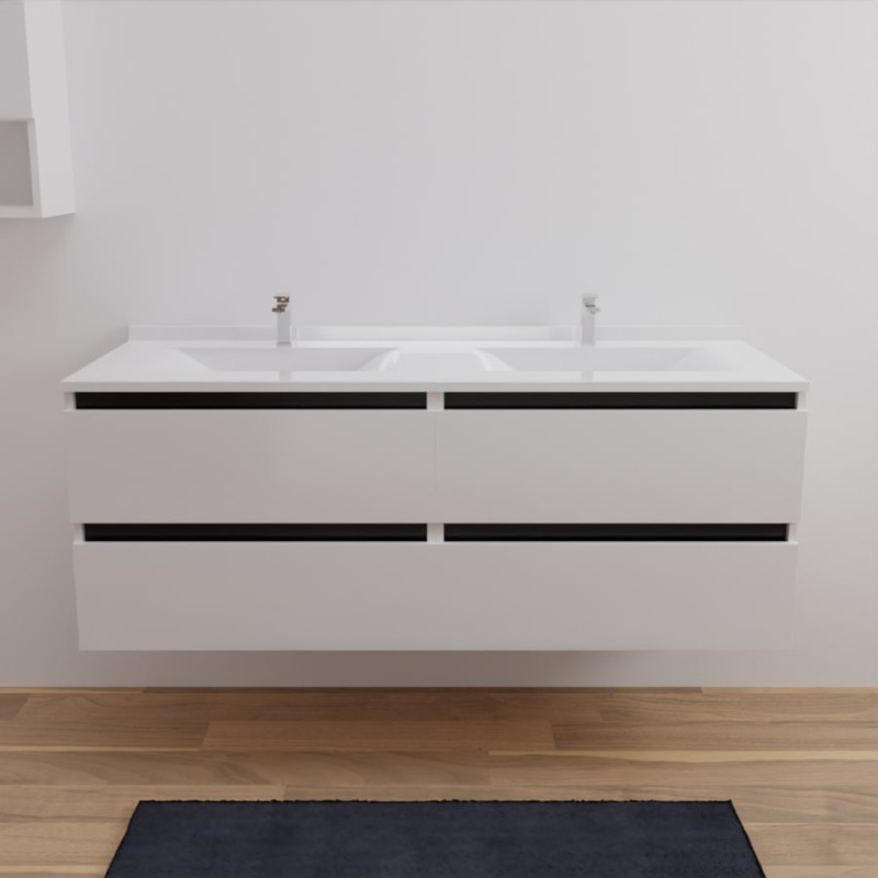 Meuble double vasque ARLEQUIN 140 cm x 55 cm - Traverses noires - plan vasque blanc