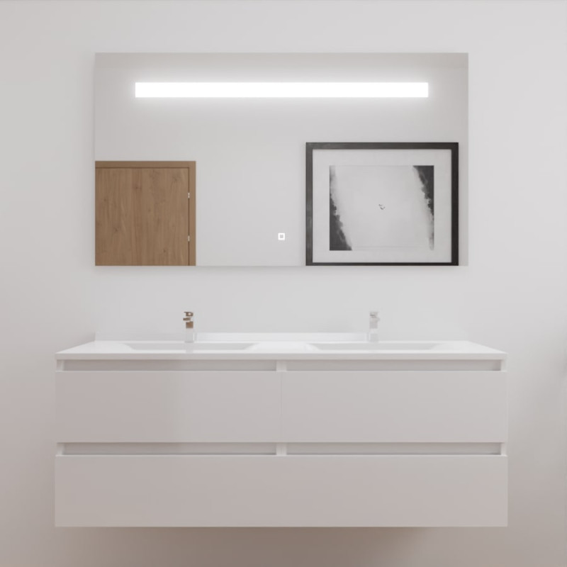 Meuble double vasque ARLEQUIN 140x55 cm avec plan vasque et miroir ELEGANCE - traverses blanches plan vasque blanc