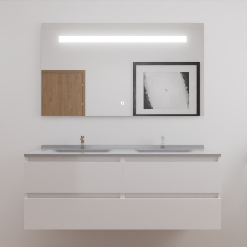 Meuble double vasque ARLEQUIN 140x55 cm avec plan vasque et miroir ELEGANCE - traverses blanches plan vasque gris