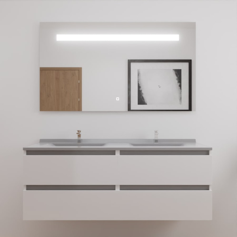 Meuble double vasque ARLEQUIN 140x55 cm avec plan vasque et miroir ELEGANCE - traverses grises plan vasque gris