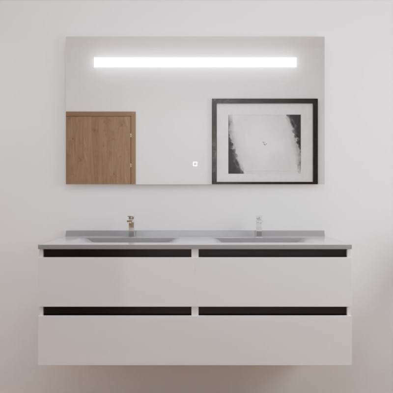 Meuble double vasque ARLEQUIN 140x55 cm avec plan vasque et miroir ELEGANCE - traverses noires plan vasque gris