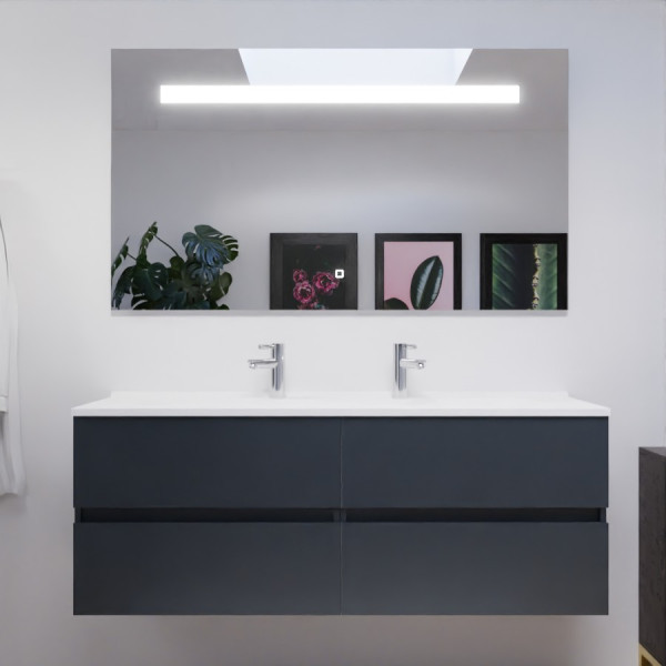 Meuble double vasque 140 cm ROSALY couleur gris anthracite brillant avec plan vasque en résine et miroir LED 140 cm x 80 cm 