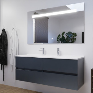 Meuble double vasque 140 cm ROSALY couleur gris anthracite brillant avec plan vasque en résine et miroir LED 140 cm x 80 cm 