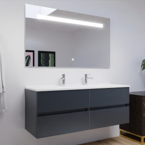 Meuble double vasque 140 cm ROSALY couleur gris anthracite brillant avec plan vasque en résine et miroir LED 140 cm x 80 cm 
