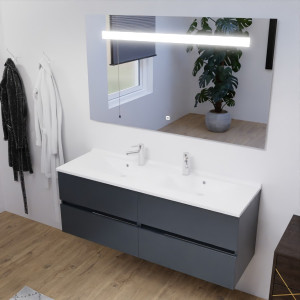 Meuble double vasque 140 cm ROSALY couleur gris anthracite brillant avec plan vasque en résine et miroir LED 140 cm x 80 cm 