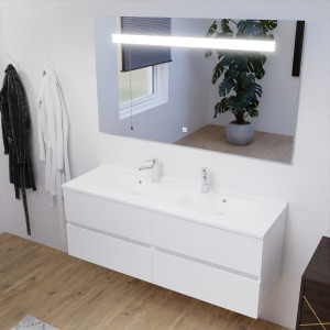 Meuble double vasque 140 cm ROSALY couleur blanc brillant avec plan vasque en résine et miroir LED 140 cm x 80 cm 