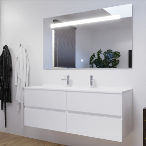 Meuble double vasque 140 cm ROSALY couleur blanc brillant avec plan vasque en résine et miroir LED 140 cm x 80 cm 