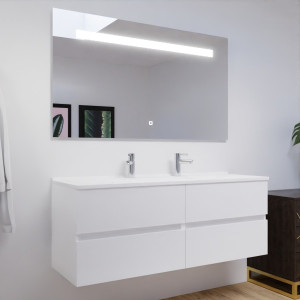 Meuble double vasque 140 cm ROSALY couleur blanc brillant avec plan vasque en résine et miroir LED 140 cm x 80 cm 