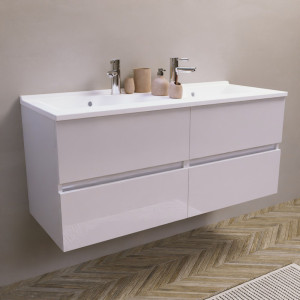 Meuble double vasque 120 cm ROSALY couleur blanc brillant avec plan vasque en résine 120 cm x 46 cm