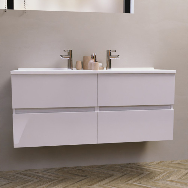 Meuble double vasque 120 cm ROSALY couleur blanc brillant avec plan vasque en résine 120 cm x 46 cm