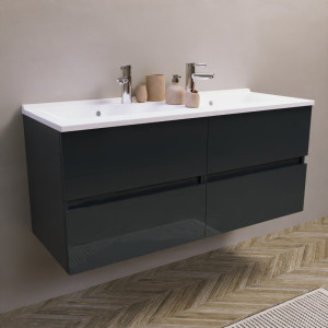 Meuble double vasque 120 cm ROSALY couleur gris anthracite brillant avec plan vasque en résine 120 cm x 46 cm