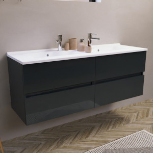 Meuble double vasque 140 cm ROSALY couleur gris anthracite brillant avec plan vasque en résine 140 cm x 46 cm