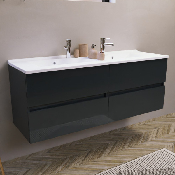 Meuble double vasque 140 cm ROSALY couleur gris anthracite brillant avec plan vasque en résine 140 cm x 46 cm