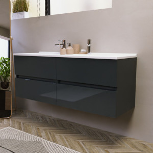 Meuble double vasque 140 cm ROSALY couleur gris anthracite brillant avec plan vasque en résine 140 cm x 46 cm