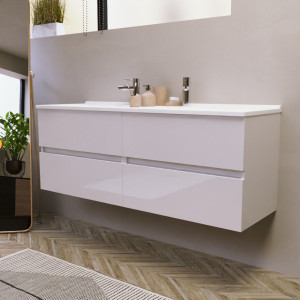 Meuble double vasque 140 cm ROSALY couleur blanc brillant avec plan vasque en résine 140 cm x 46 cm