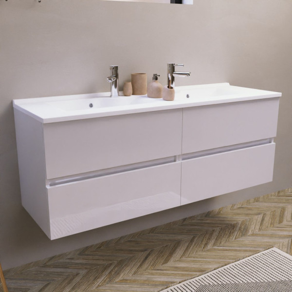 Meuble double vasque 140 cm ROSALY couleur blanc brillant avec plan vasque en résine 140 cm x 46 cm