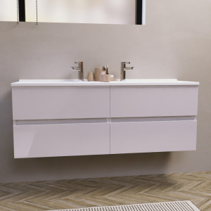 Meuble double vasque 140 cm ROSALY couleur blanc brillant avec plan vasque en résine 140 cm x 46 cm