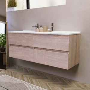 Meuble double vasque 140 cm ROSALY couleur bois avec plan vasque en résine 140 cm x 46 cm 