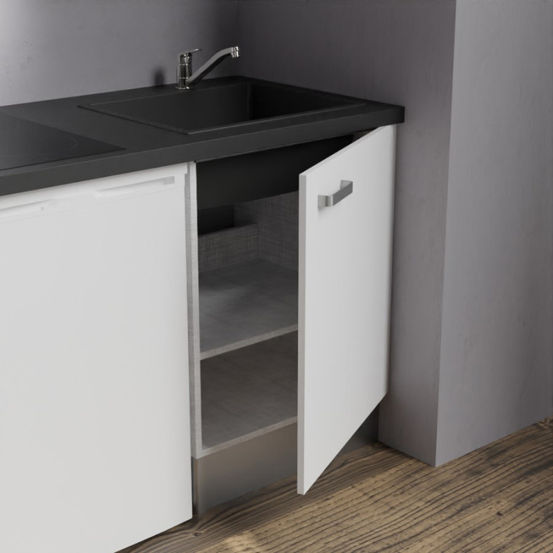 Zoom sur l'évier et le meuble bas sous évier de la kitchenette K02 - Coloris : évier noir - plan de travail noir - façade blanch