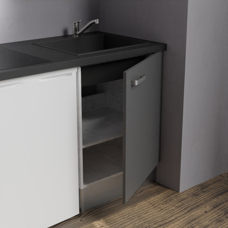 Zoom sur l'évier et le meuble bas sous évier de la kitchenette K02 - Coloris : évier noir - plan de travail noir - façade grise