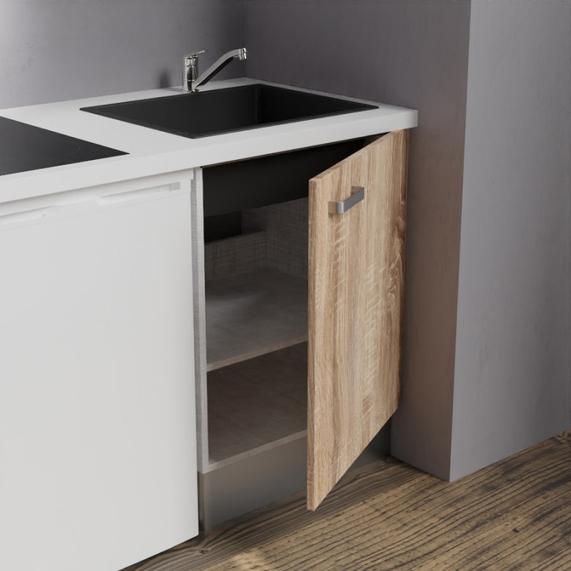 Zoom sur l'évier et le meuble bas sous évier de la kitchenette K02 - Coloris : évier noir - plan de travail blanc - façade bois 