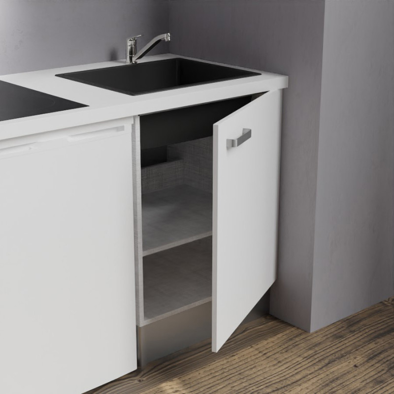 Zoom sur l'évier et le meuble bas sous évier de la kitchenette K02 - Coloris : évier noir - plan de travail blanc - façade blanc