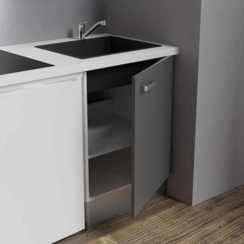 Zoom sur l'évier et le meuble bas sous évier de la kitchenette K02 - Coloris : évier noir - plan de travail  blanc - façade gris