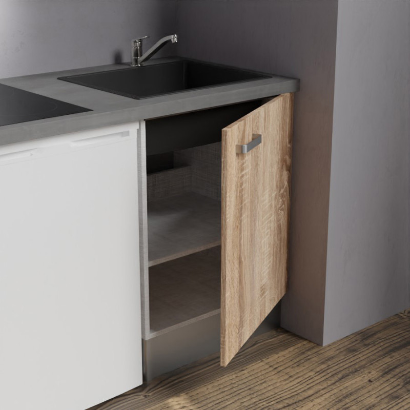 Zoom sur l'évier et le meuble bas sous évier de la kitchenette K02 - Coloris : évier noir - plan de travail gris - façade bois 