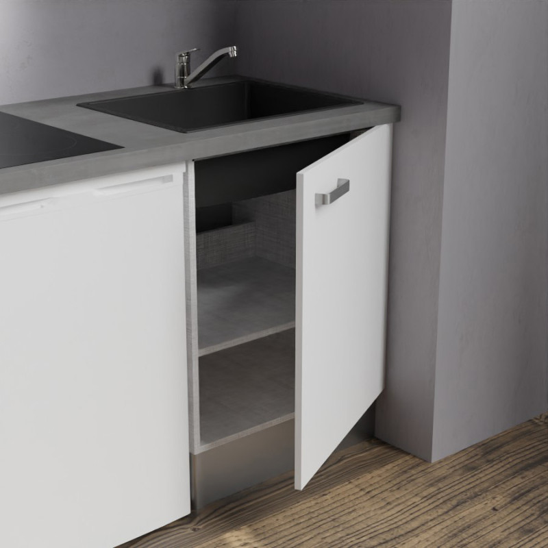 Zoom sur l'évier et le meuble bas sous évier de la kitchenette K02 - Coloris : évier noir - plan de travail gris - façade blanch