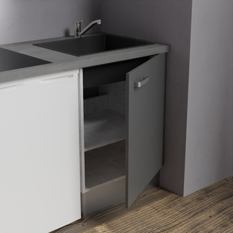 Zoom sur l'évier et le meuble bas sous évier de la kitchenette K02 - Coloris : évier noir - plan de travail gris - façade grise