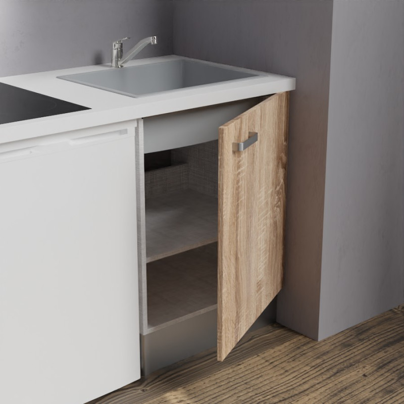 Zoom sur l'évier et le meuble bas sous évier de la kitchenette K02 - Coloris : évier gris - plan de travail blanc - façade bois