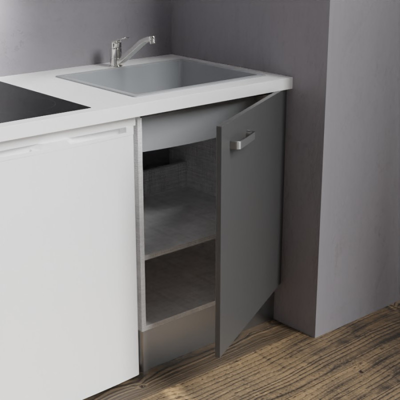 Zoom sur l'évier et le meuble bas sous évier de la kitchenette K02 - Coloris : évier gris - plan de travail blanc - façade grise