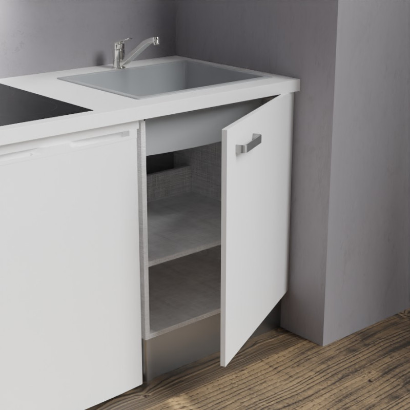 Zoom sur l'évier et le meuble bas sous évier de la kitchenette K02 - Coloris : évier gris - plan de travail blanc - façade blanc