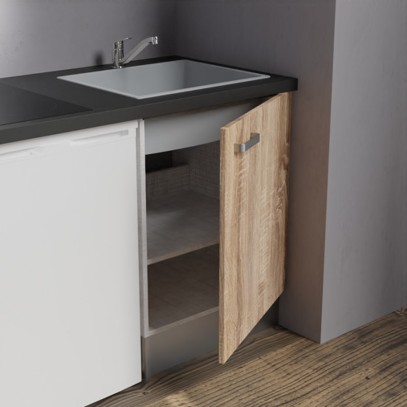 Zoom sur l'évier et le meuble bas sous évier de la kitchenette K02 - Coloris : évier gris - plan de travail noir - façade bois