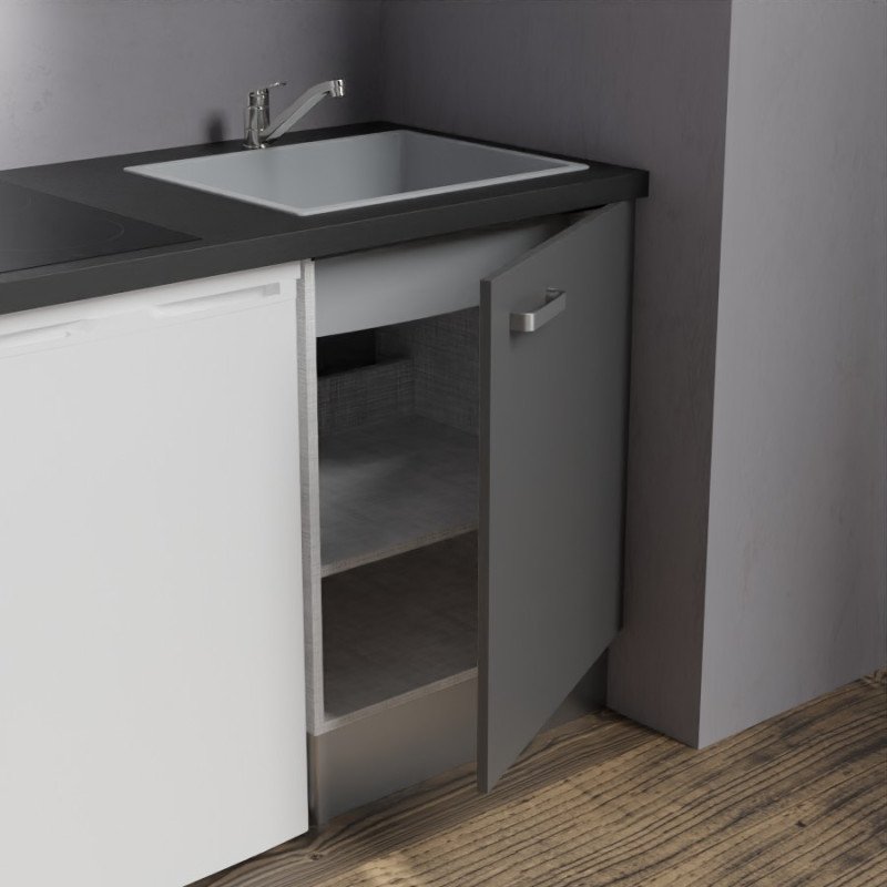Zoom sur l'évier et le meuble bas sous évier de la kitchenette K02 - Coloris : évier gris - plan de travail noir - façade grise