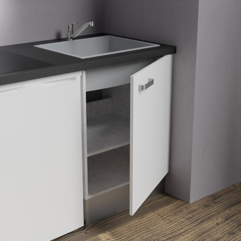 Zoom sur l'évier et le meuble bas sous évier de la kitchenette K02 - Coloris : évier gris - plan de travail noir - façade blanch