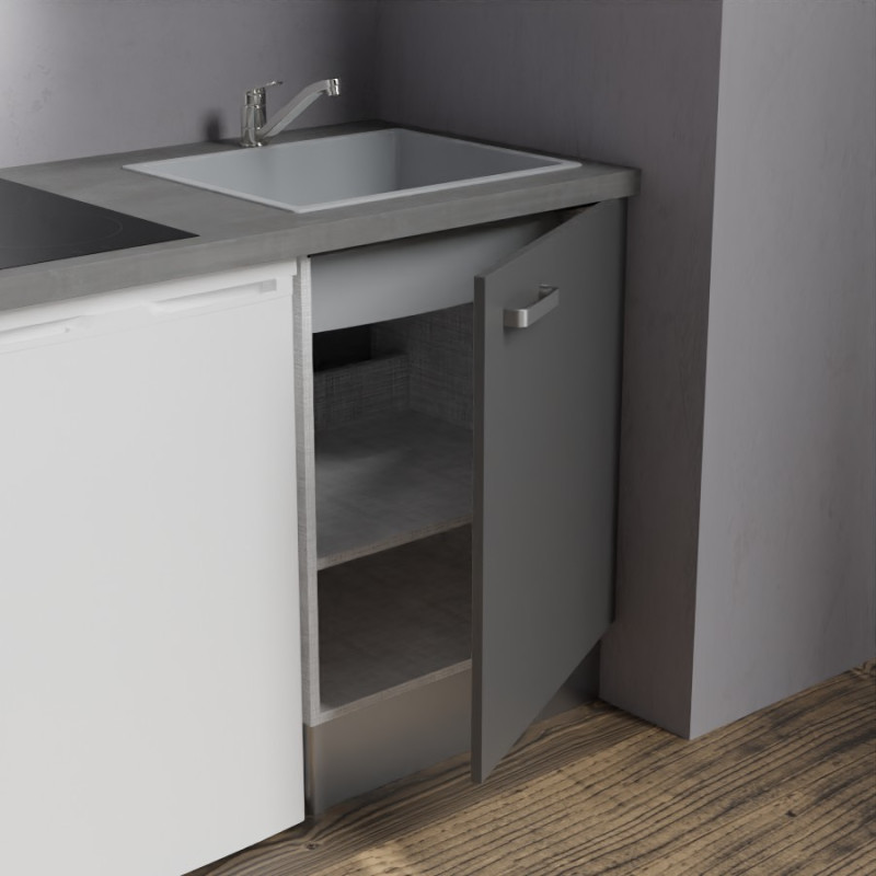 Zoom sur l'évier et le meuble bas sous évier de la kitchenette K02 - Coloris : évier gris - plan de travail gris - façade grise