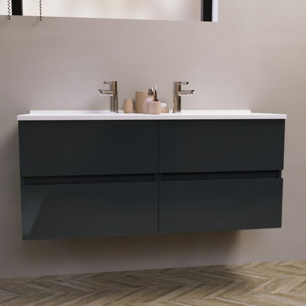 Meuble double vasque 120 cm ROSALY couleur gris anthracite brillant avec plan vasque en résine 120 cm x 46 cm