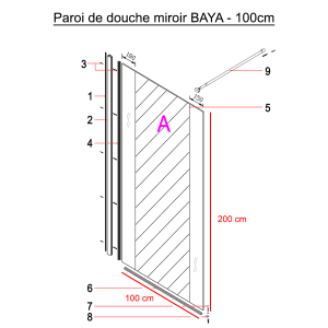 Paroi de douche fixe miroir BAYA verre 8 mm - 100x200 cm