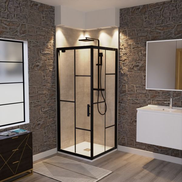 Paroi de douche d'angle 80x80 cm avec retour fixe - ATELIA noir mat verre 6  mm securit anti-calcaire