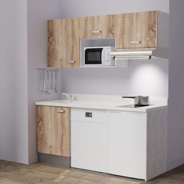 Kitchenette K55 - 180 cm avec emplacement micro-ondes, frigo et lave-vaisselle - meubles bois, plan monobloc blanc évier à gauch