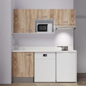 Kitchenette K55 - 180 cm avec emplacement micro-ondes, frigo et lave-vaisselle - meubles bois, plan monobloc blanc évier à gauch